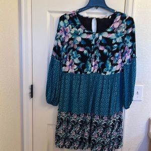 Soft Surrounding Teal, black, orchid Boho style knee-length peasant dress.